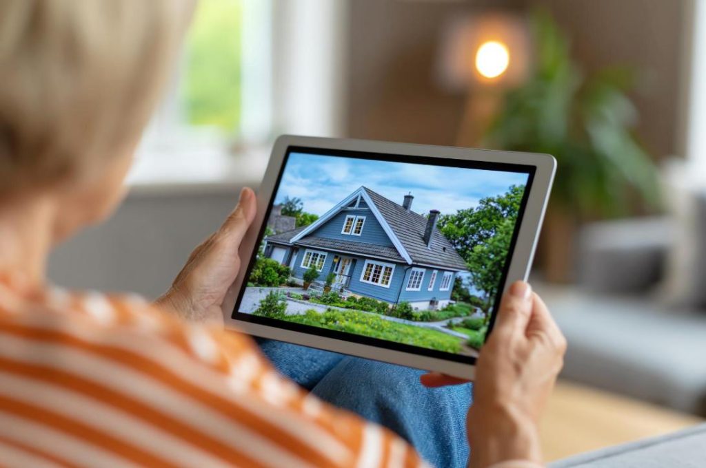 Une personne tient une tablette tactile affichant une maison pour effectuer une estimation immobilière gratuite dans le Nord.
