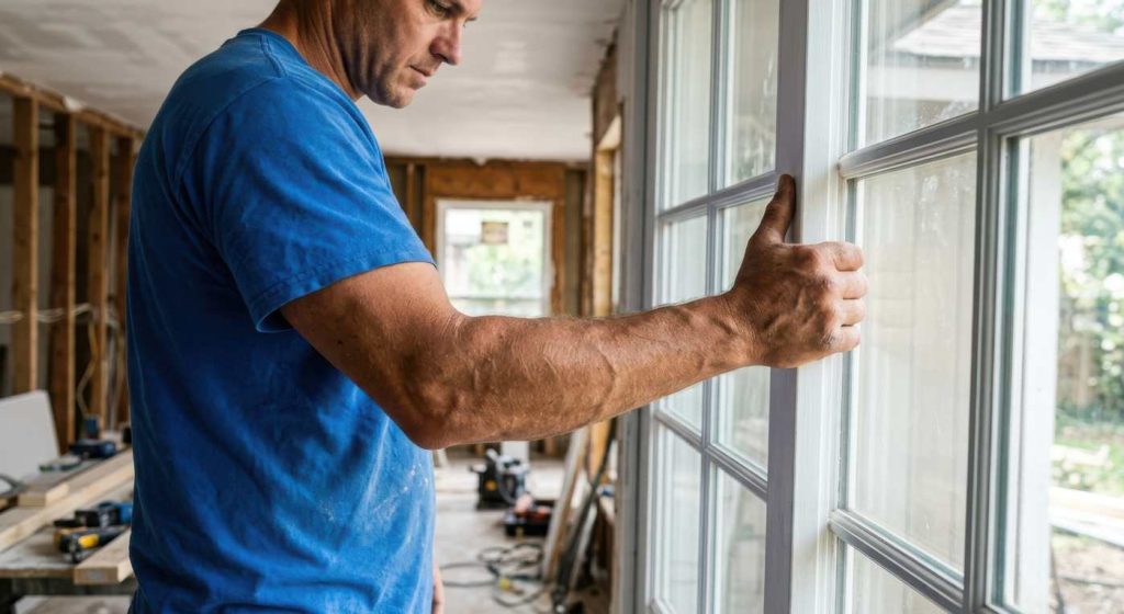 Un artisan installe une menuiserie pvc avec volet roulant integre monobloc dans une pièce en rénovation.
